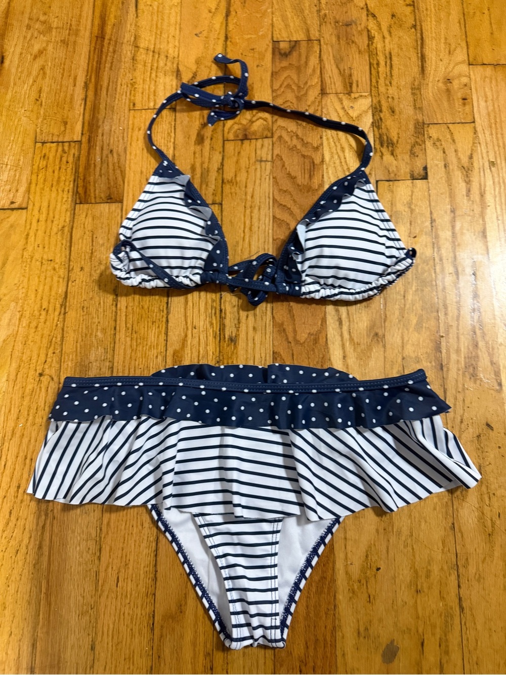 SHEIN NWT Striped  and Polka Dot Ruffle Bikini Set- Navy and White